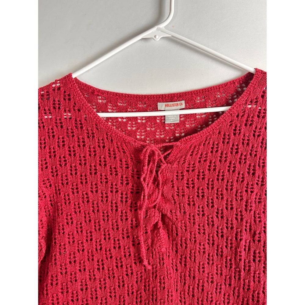 Hollister Co. Women's Red Crochet Knit Long Sleeve Lace-Up Top Blouse Size L Y2K - Picture 2 of 11